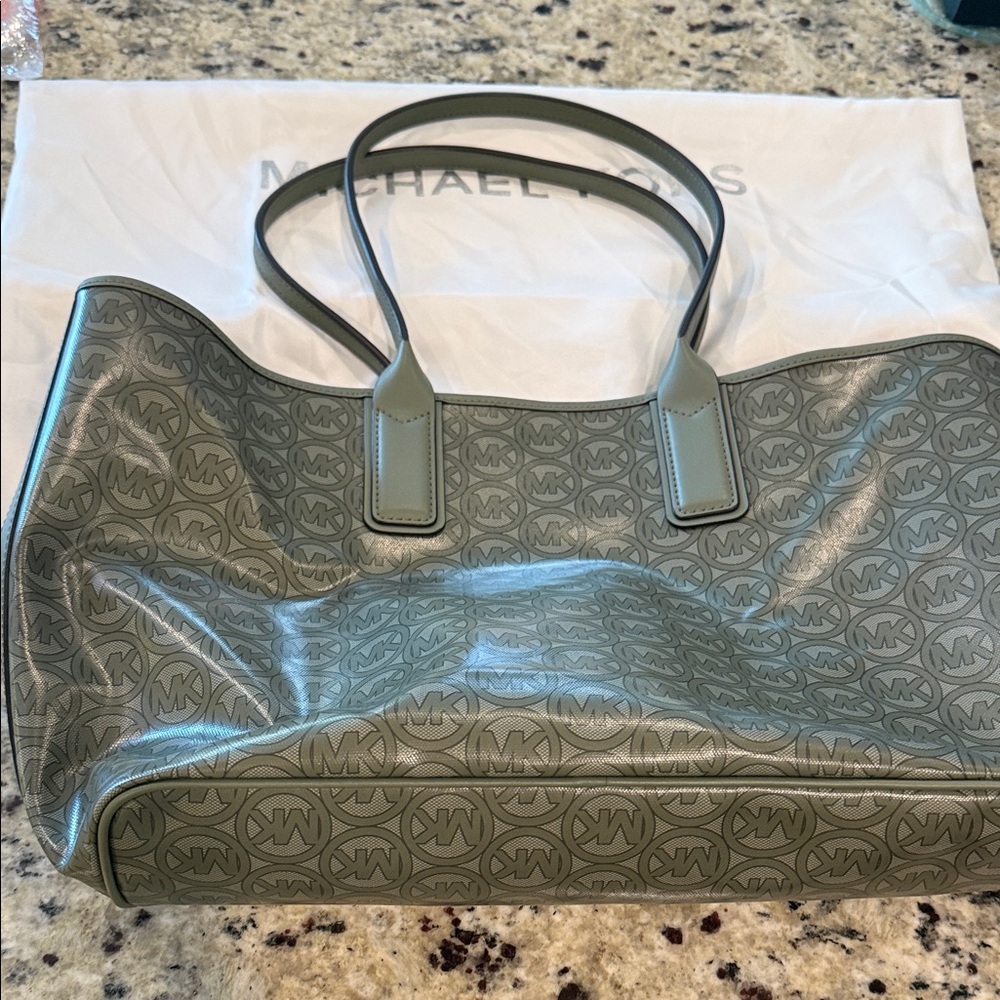 Michael Kors Olive Green MK Logo Coated Canvas Tote